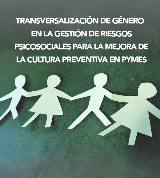 Muñecos de papel en la portada Transversalización de género en la gestión de riesgos psicosociales para la mejora de la cultura preventiva en pymes