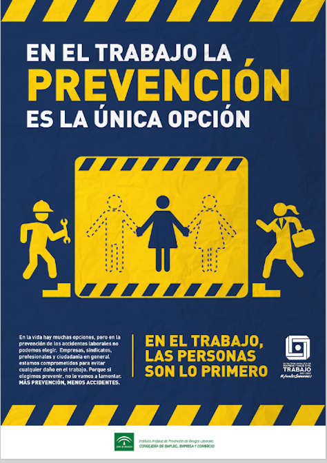 cartel de la campaña 'En el trabajo, prevención' con figuras de trabajadores que se protegen